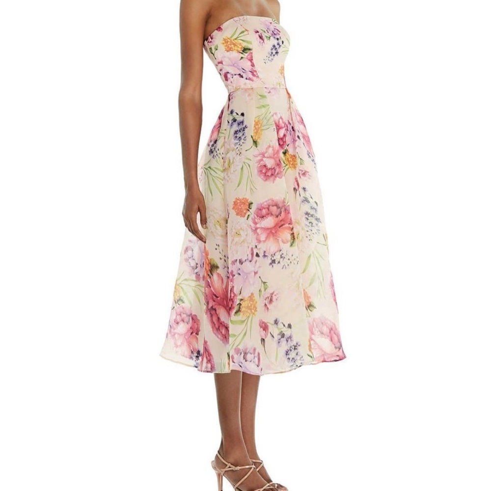 Cream and Pink Midi Strapless Sundress for Wedding Guest